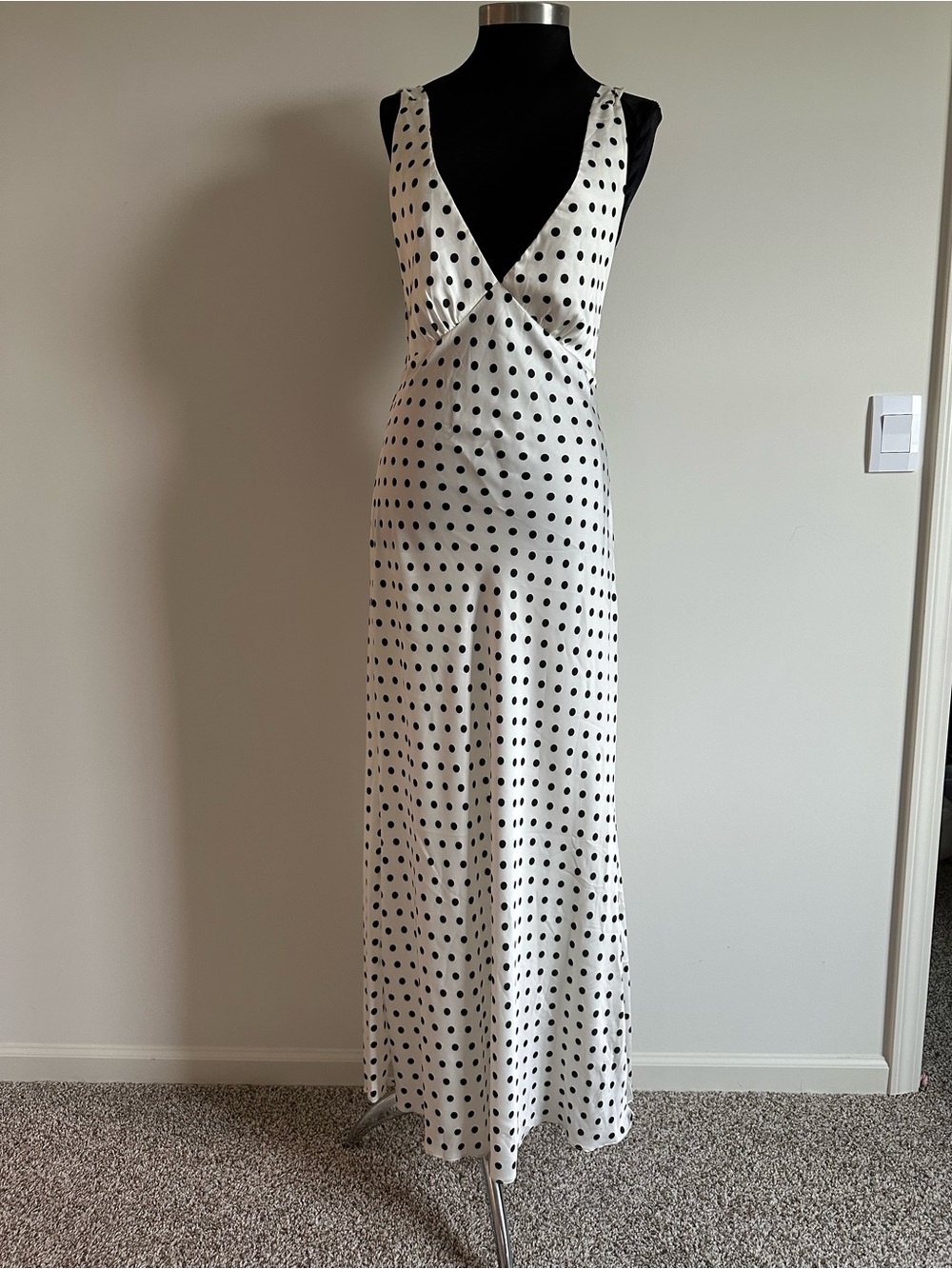 Sleeveless White Maxi Dress with Black Polka Dots